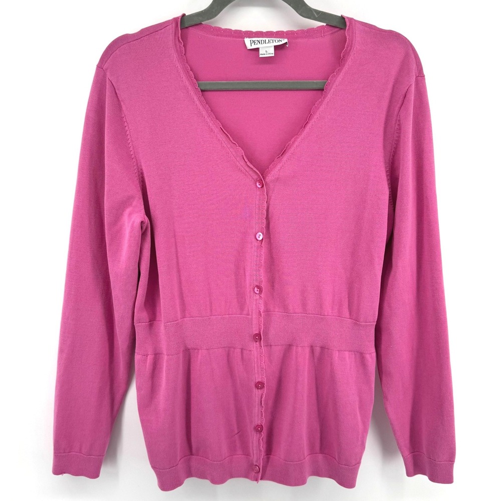 Pendleton Scalloped Cardigan Women L Pink Silk Blend V-Neck Western Coquette Top